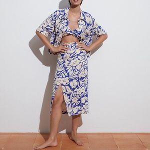ISO Oysho cotton linen set (skirt and shirt in tropical blue), size S or M